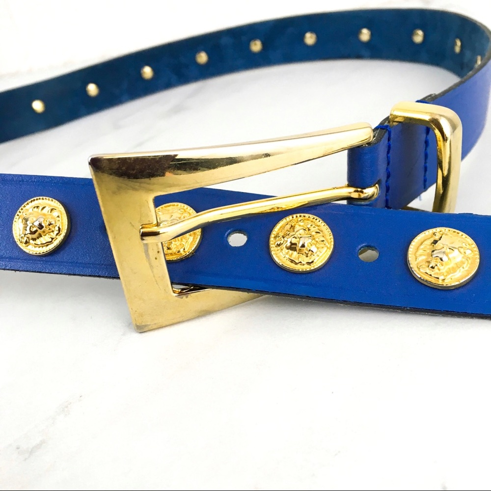 Vintage Blue Leather Belt with Gold Medallion Accents